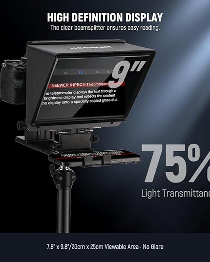 NEEWER X1 Pro II Teleprompter 9" All Metal with RT113 Remote/App Control, Quick Switch 1s Lock Arca Type QR Plate, Magnetic Phone Clamp Compatible with iPhone Android Smartphone, Assembly Free