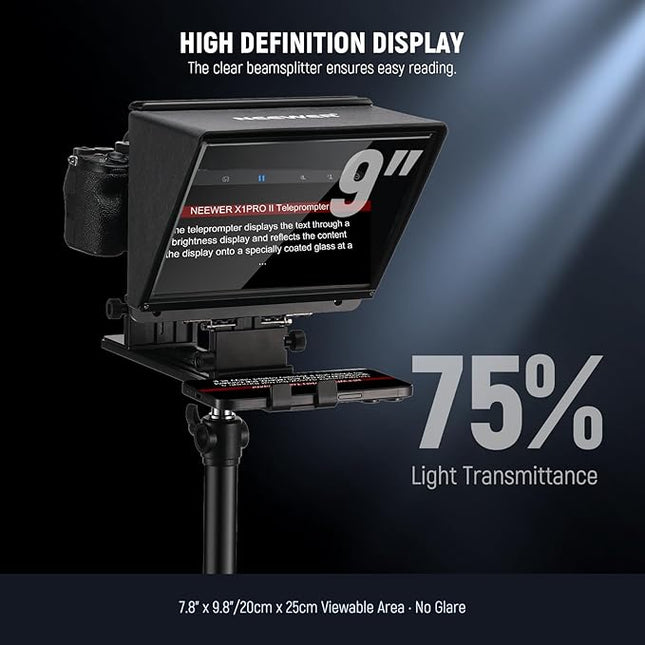 NEEWER X1 Pro II Teleprompter 9" All Metal with RT113 Remote/App Control, Quick Switch 1s Lock Arca Type QR Plate, Magnetic Phone Clamp Compatible with iPhone Android Smartphone, Assembly Free