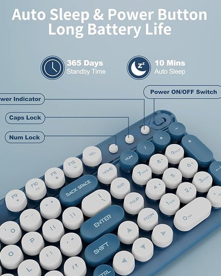 Wireless Keyboard and Mouse,Cute Retro Typewriter Computer Keyboard and Mouse Sets,Full SIze 2.4G Cordless Colorful Round Keycaps Keyboard with Silent Mouse for PC Window Laptop Home Office-White Blue