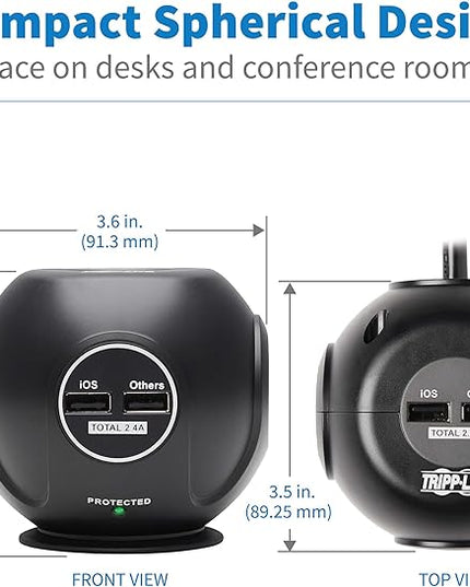Tripp Lite Surge Protector 3-Outlet Spherical Surge Protector, 4 USB Ports (4.8A Shared) - 6-ft. (1.83 m) Cord, 5-15P Plug, 540 Joules, Black (TLP36USB)