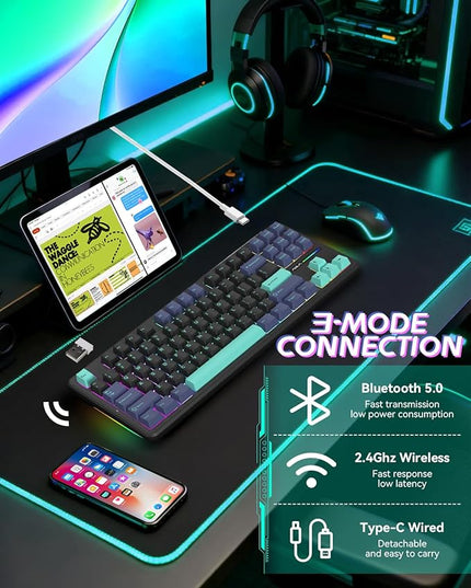Aula F87 Pro Gaming Keyboard, Tri-Mode BT5.0/2.4GHz/USB-C Hot-Swappable RGB Wireless Mechanical Keyboard, Gasket Mount, 4000mAh, for Windows/Mac Gamer & Typists（LEOBOG Gray Wood Switch V4）