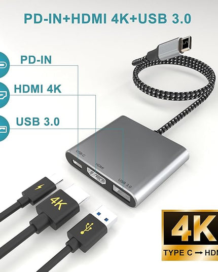 Battony USB C Multiport AV Adapter with 4K HDTV Output USB 3.0 Port, 50cm Braided Cable & USB-C Fasting Charging Port,Compatible for MacBook Pro Air M1 M2 Pad Pro iMac and Other Type C Devices