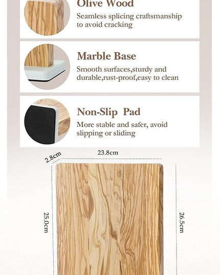 HEZHEN Double-sided Magnetic Knife Holder without Knives, Olive Wood Knife Block for Kitchen Counter, Space-saving Knife Storage, Strong Enhanced Magnets Strip, Non-slip Marble Base