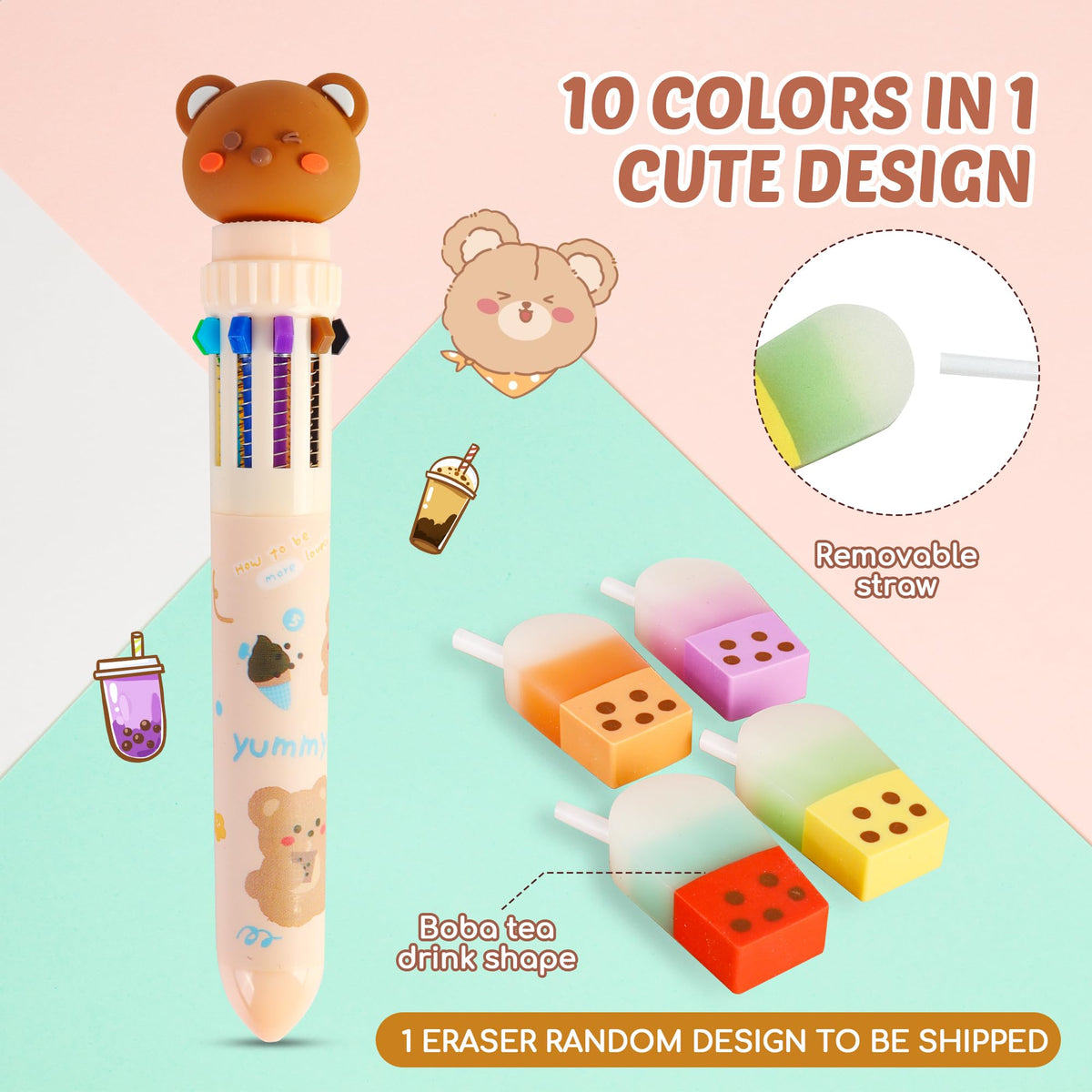 Cute Boba Pencil Case Set for Girls - Back to School Supplies Kit with Pop Up Pencil Pouch, Pens, Stickers & Eraser, Kawaii Stationery Set for Students, Classroom, & Journaling (Pink Bubble Tea)