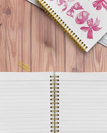 JKBMN Trendy Coquette Pink Bow Notebook Journal, Preppy Watercolor Bows Spiral Notebook, Cute Journaling Notebooks for Girls, Pink Office Supplies, Hardcover Spiral Notebooks College Ruled 5.5 x 8.3
