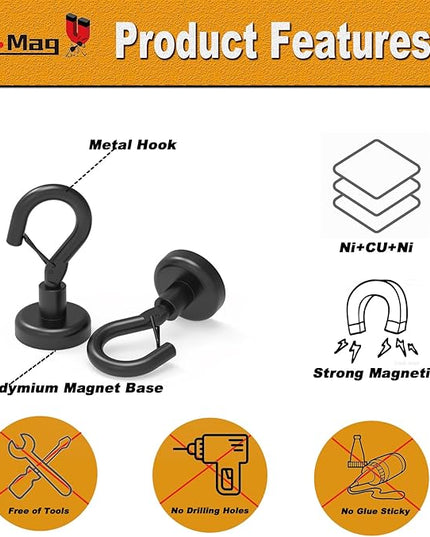 Ant Mag Black Magnetic Hooks Heavy Duty with Snap 22lbs Strong Magnet Hooks Great Hanging for Refrigerator, Cruise Cabin, Grill, Wreath,Kitchen,Office 16 Pack