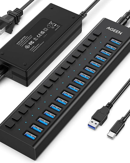 AGEEN 16-Port USB 3.2 Gen 2 Hub, 10Gbps High-Speed Aluminum Powered Hub with 96W Adapter, Individual Switches & Surge Protection for PC/Laptop, Flash Drive, Printer, Camera
