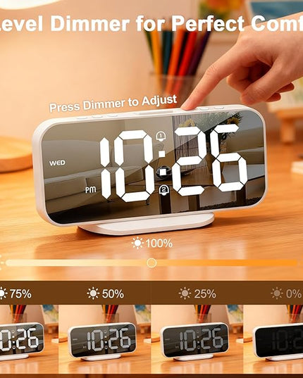 ALANAS Digital Alarm Clock for Bedrooms, Dual Alarms with Snooze, Big LED Mirror Display, 4-Level Dimmer & 2 USB Ports, Plug in Clocks, Aesthetic Modern Desk Clock for Home Office, Gift