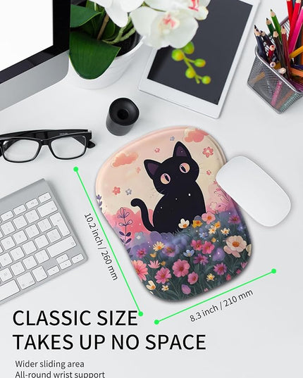 Hokafenle Ergonomic Wrist-Hugging Mouse Pad Wrist Support, U-Shaped Holding Wrist Rest Mousepad for Carpal Tunnel Pain Relief with Cushioned Memory Foam Slope Massage Bulge (10.2x8.3 in,Flower Cat)