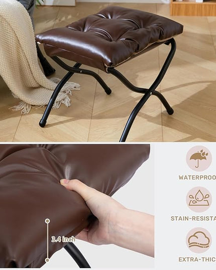 HollyHOME 15" H Folding Footrest Stool,Upholstered Foldable Ottoman with Padded Design. Features Metal Frame for Portability. Ideal for Sofas, Lazy Chairs,Living Room,Bedroom.PU Brown