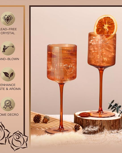 Halloween Decorations Maple Colored Square Wine Glasses Set of 6, Elegant Ribbed Design Amber Crystal Glassware with Long Stem, 11.5oz Hand Blown Stemware For Halloween, Thanksgiving