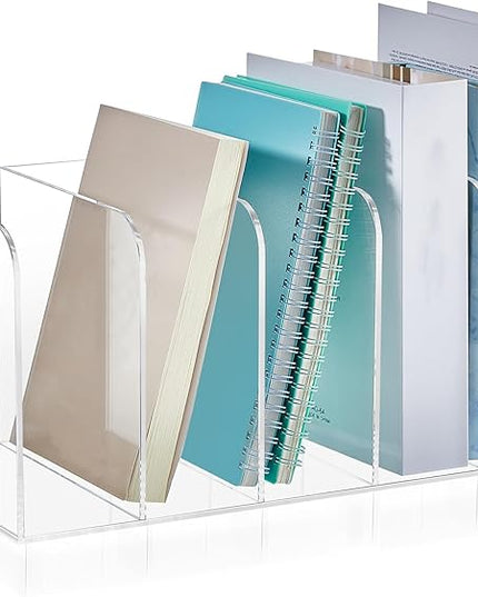 Suzile Clear Acrylic Magazine File Holder with Vertical Compartments Desk Organizer Book Rack for Desk Sorter Paper Folder Office Accessories(Clear,14.2 x 7.2 x 6.5 Inch)
