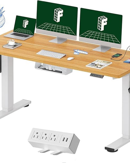 FLEXISPOT EN2 Whole-Piece Standing Desk with Clamp Power Strip, 60 x 24 Electric Stand Up Height Adjustable Desk with Cable Management (White Frame + 60" Maple Top, 2 Packages)