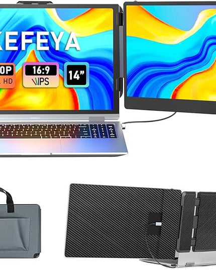KEFEYA Laptop Screen Extender, 14" FHD 1080P IPS Laptop Monitor Extender Dual Screen, Portable Monitor for Laptops 13-17" with USB-C/HDMI Port, Plug n Play for Windows/Mac/Android/Switch/PS5