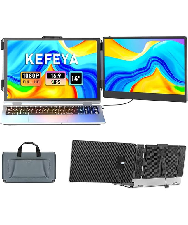 KEFEYA Laptop Screen Extender, 14" FHD 1080P IPS Laptop Monitor Extender Dual Screen, Portable Monitor for Laptops 13-17" with USB-C/HDMI Port, Plug n Play for Windows/Mac/Android/Switch/PS5
