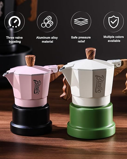 Bincoo Espresso Maker Stovetop,Camping Moka Pot 2 Cup/120ML,Stove Top Espresso Italian Coffee Maker,Easy to Use (White-green)