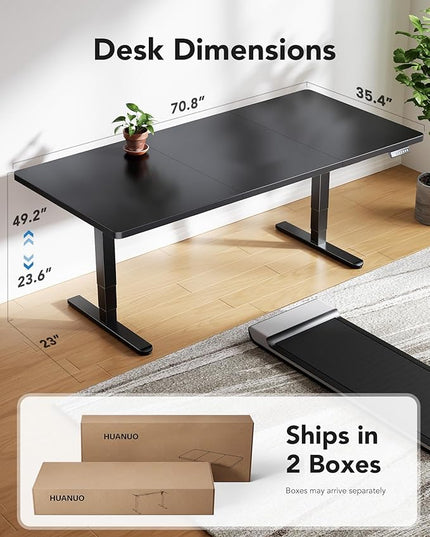 HUANUO 71x35 Inch 3-Stage Legs Electric Standing Desk, Large Height Adjustable Office Desk with Brushless Motor, Stand Up Desk with 4 Memory Presets & 2 Hooks, Computer Desk for Home Office, Black