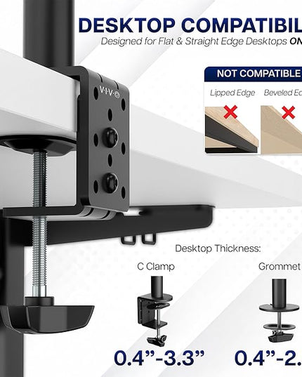 VIVO Dual Monitor Desk Mount, Heavy Duty Fully Adjustable Steel Stand, Holds 2 Computer Screens up to 24 inches and Max 22lbs Each, Black, STAND-V024