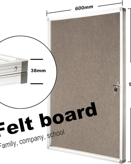 Enclosed Bulletin Board Lockable Display Case Message Board with Locking Door for Indoor, Grey Felt, Aluminum Frame, 36 X 24 in