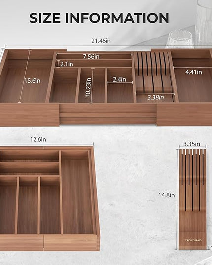 Bamboo-Silverware-Drawer-Organizer-Kitchen, Expandable Utensil Holder Cutlery Tray Flatware Organization Adjustable Wood Tableware Dividers Storage (with Removable Knife Block)(Brown)