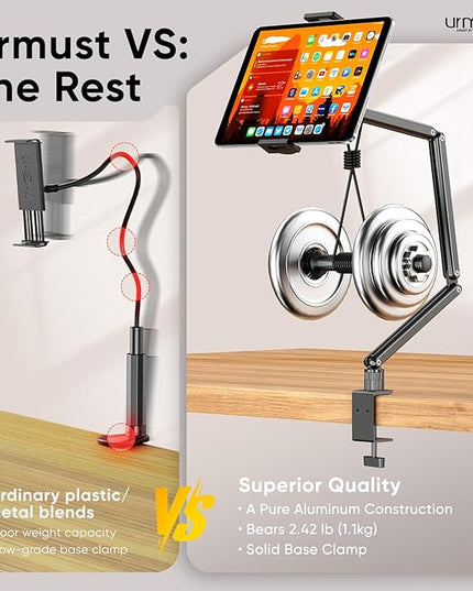 Urmust Tablet Stand for Desk, Adjustable iPad Holder Clamp Mount, 360° Rotation, Sturdy Aluminum Tablet Arm Mount for 4.7"-15.6" iPad Pro/Air/Mini, iPhone, Galaxy Tab, for Kitchen, Work, Video Call
