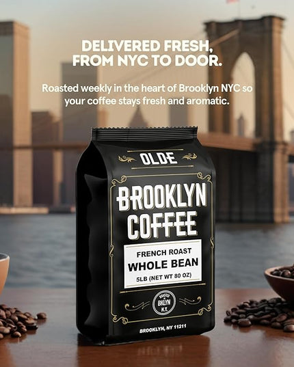 BROOKLYN COFFEE Whole Bean, French Dark Roast (5lb) Silky Smooth, Bold, Balanced - Fresh Bulk Coffee Beans Roasted Weekly in NYC