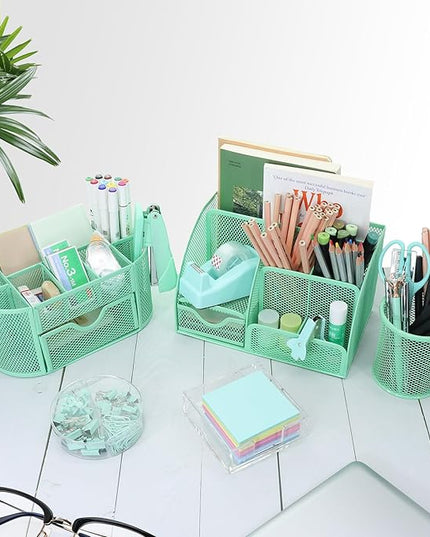 17 in 1 Green Desk Organizers and Accessories Set, 3 Office Desk Supplies Storage Organization, 4 Pens, Stapler, Staples & Remover, Tape & Dispenser, Scissors, Ruler, Clips, Hole Punch, Back to School