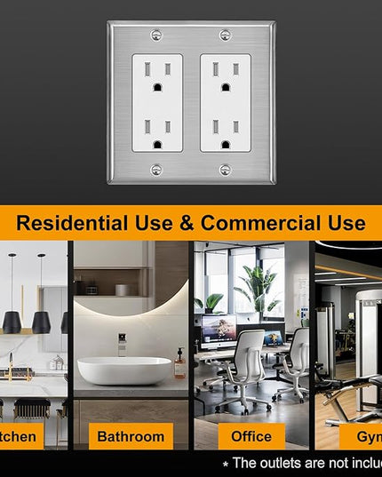 [5 Pack] BESTTEN 2 Gang Decor Metal Wall Plate with Plastic Film, Decorator Stainless Steel Outlet Cover, Durable Corrosion Resistant Industrial Grade Material, H4.53” x W4.57”, Brushed Finish, Silver