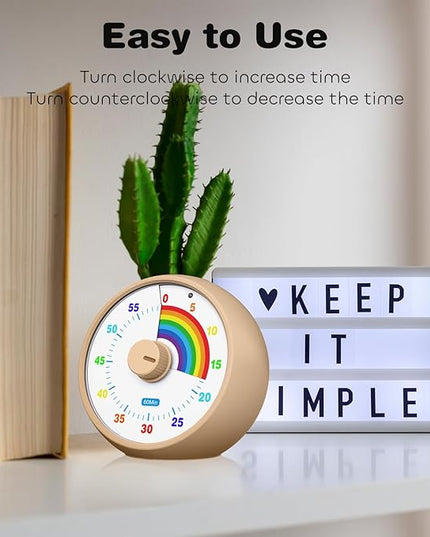 Visual Timer for Kids, 60-Minute Countdown Timer for Classroom Office Kitchen, Desk Timer Kids Time Management Tools with Silent Operation, Pomodoro Time Rainbow Pattern(Khaki)