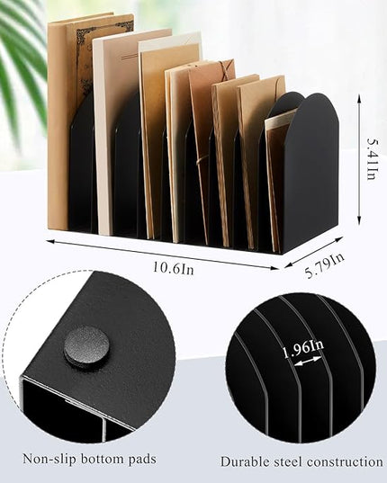 Suzile Metal Desktop File Organizer, 10 Compartments, Vertical File Sorter, Black, 10.63 L x 5.79 W x 5.41 H, Office, Reception Areas, Workspace