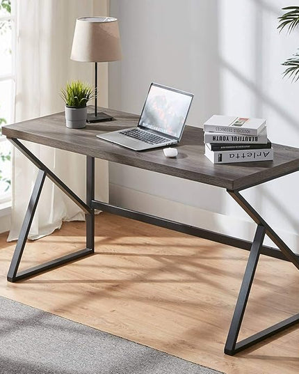 HSH Industrial Home Office Desk, Metal and Wood Computer Desk, Rustic Vintage Soho Work Study Writing Table, Modern PC Desk for Livingroom Bedroom, Farmhouse Computer Table Grey 55 inch Wide