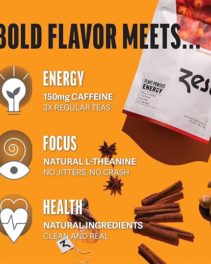 Zest 150mg High Caffeine Energy Leaf Blend - Spicy Masala Chai Black Tea - 20 Pack Bag - All Natural Strong Flavored Healthy Coffee Alternative Highly Caffeinated Substitute - Perfect for Keto Diet