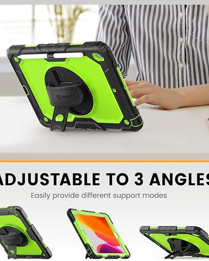 Timecity Case for iPad 9th/ 8th/ 7th Generation 10.2 inch - Heavy Duty Protective Cover with Screen Protector, Rotating Stand, Shoulder Strap & Pencil Holder | Kids-Friendly (Green)