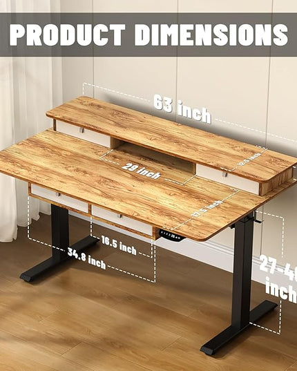 63 * 30 Inches Electric Standing Desk Adjustable Height with 4 Drawers, Double Storage Shelves, Home Office Workstation Sit Stand up Desk (Light Rustic Brown)