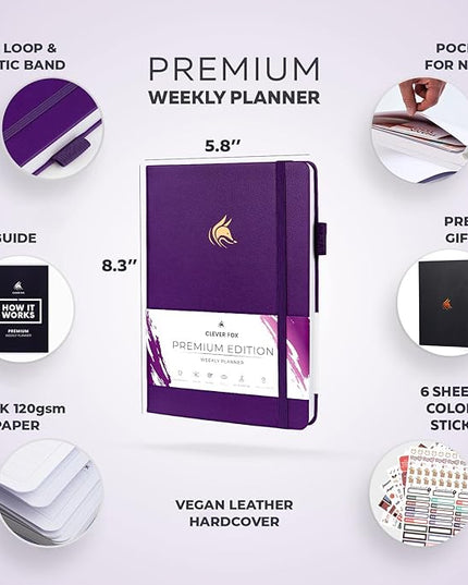 Clever Fox Planner Premium Edition – Undated Luxurious Weekly & Monthly Planner to Increase Productivity and Hit Your Goals – Organizer – Start Anytime, A5, Lasts 1 Year, Purple (Weekly)