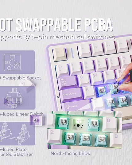 EPOMAKER x Aula F75 Gasket Mechanical Keyboard, 75% Wireless Hot Swappable Gaming Keyboard with Five-Layer Padding&Knob, BT/2.4GHz/USB-C, RGB (Purple, LEOBOG Reaper Switch)
