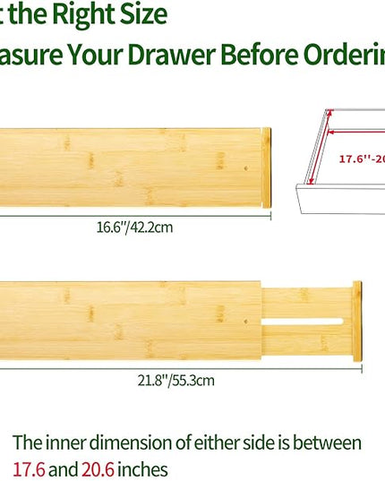 VaeFae 3 Pack Bamboo Drawer Dividers, 4" High Adjustable 16.6" - 21.8" Clothes Drawer Organizers, Expandable Separators for Bedroom/Bathroom/Kitchen/Office Storage