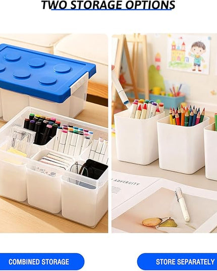 loobuu Plastic Storage Bins with Lids, Art Craft Supply Organizer Box with Brush Pot, Multipurpose Stackable Storage Containers for Organizing Tool, Craft, Crayon,Sewing (Blue)