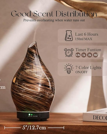 Porseme 150ml Essential Oil Diffuser Glass Color Changing Aroma Air Diffusers Aromatherapy Ultrasonic Cool Mist Humidifier 6 Running Hours Waterless Auto-Off for Sleeping Yoga Office Spa (Dark Golden)