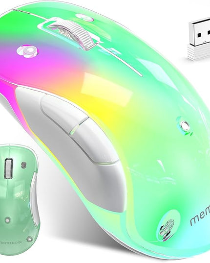 memzuoix 2.4G LED Wireless Mouse, Rechargeable Ergonomic Mouse with Detachable Cover, 1400 DPI Portable Optical Computer Mouse with USB Receiver for Laptop, PC, Desktop and MacBook, 5 Buttons-Green