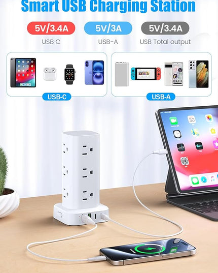 Tower Power Strip with 15W Wireless Charger, 10FT Flat Plug Extension Cord with Multiple Outlets, 12 AC Outlets, 4 USB Ports (2 USB C) Charging Station Surge Protector for Office Home Dorm Room(White)