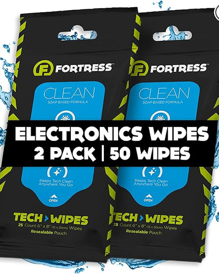 Fortress Electronic Wipes (25 ct, Pack of 2) To-Go Tech Wipes for Screens, Phones, Keyboards, TV Monitors, Computer Screens, and More [Travel Size] Skin-Safe
