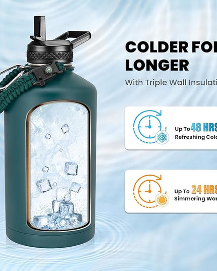 One Gallon Water Bottle Insulated, Triple Walled Vacuum Stainless Steel (Cold for 48 Hrs), Leak Proof & Non-BPA, Large Water Flask Jug with Paracord Handle & Straw Spout Lids