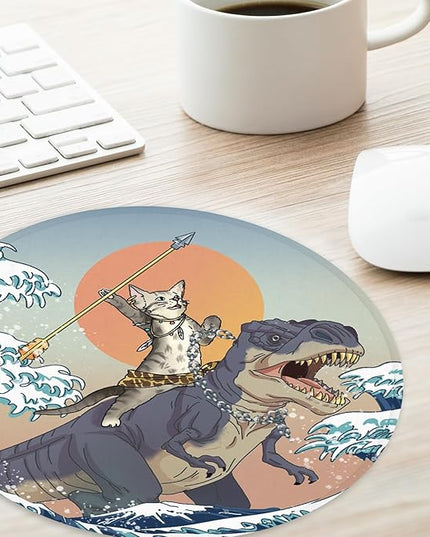 Cat and Dinosaur Round Mouse Pad,Funny Small Mouse Pad with Non-Slip Rubber Base,Mouse Mat,Home Office Decor Desk Accessories,8.7inch Round Mouse Pad