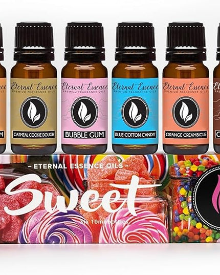 Eternal Essence Oils Sweet Set of 6 Premium Fragrance Oils - Includes Bubble Gum, Orange Creamsicle, Peaches & Cream, Blue Cotton Candy, Oatmeal Cookie Dough, and. Chocolate Scented Oils - 10ML