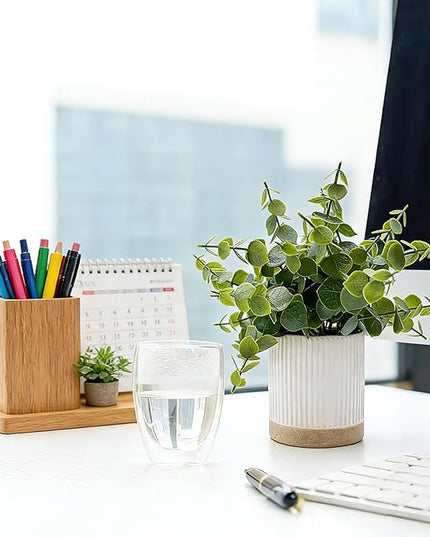 Coferset Small Fake Eucalyptus Potted Plants 9.5" Indoor Fake Plants Small Artificial Eucalyptus with Ceramic Pot-Realistic Greenery for Shelf Office Desk Home Bathroom Table Decor