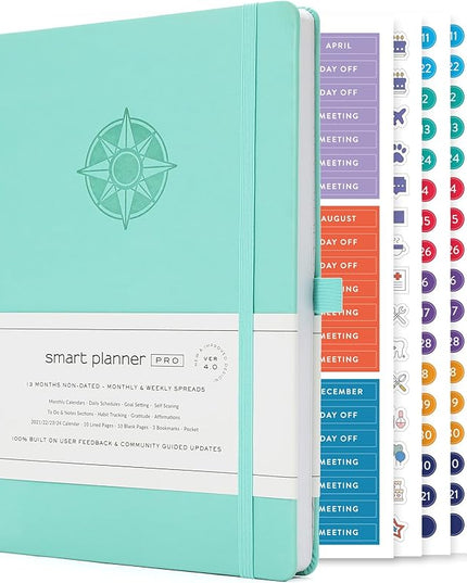 Smart Planner Pro – Medium 10 x 7 inches (B5) – Undated Agenda Daily Planner – Tested & Proven to Achieve Goals & Increase Productivity, Time Management & Happiness with Weekly, Monthly, Gratitude Sections, Back Pocket (Turquoise)