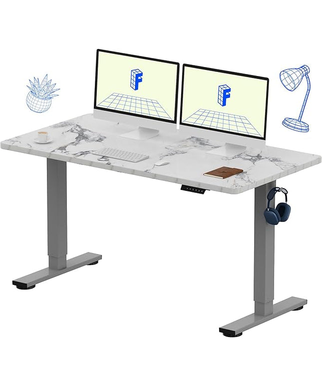 FLEXISPOT EN1 One-Piece Standing Desk 55 x 28 Inches Height Adjustable Electric Desk (Silver Frame + Marble Grey Top, 2 Packages)