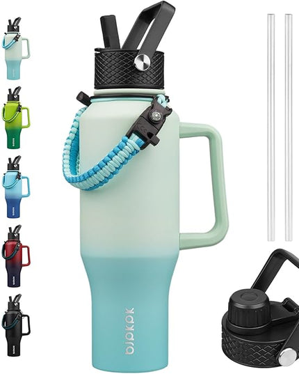 BJPKPK Insulated Water Bottles with Straw Lid, 35oz Metal Water Bottle with 2 lids & Paracord Strap, Double Wall Stainless Steel Tumbler with Handle, Reusable Cups, Mugs, Thermo, Mint