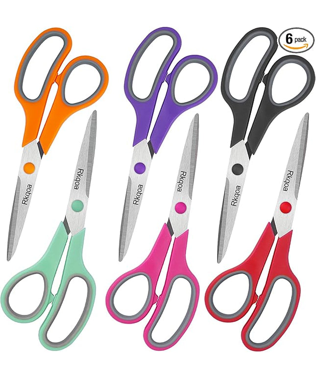 Scissors, Rkqoa 8" Scissors All Purpose 6 Pack - Comfort-Grip Sharp Scissor for Office School Adult Art Sewing Fabric Craft Supplies, Teacher/Classroom Everyday Use, Right/Left Handle